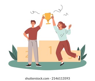 Hombre y mujer con trofeo. Copa de oro y logros. Metáfora de la asociación y de los empleados exitosos, los colegas lograron sus objetivos, desarrollo de la empresa. Dibujo vectorial plano de dibujos animados