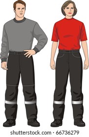 The man and the woman in trousers with a belt and pockets