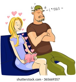 A man and a woman in a truck. Vector graphics.