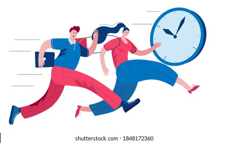 A man and a woman try to catch up with the clock. Concept of a vector illustration on the topic of time management.