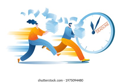 A man and a woman try to catch up with the clock. Concept of a vector illustration on the topic of time management.
