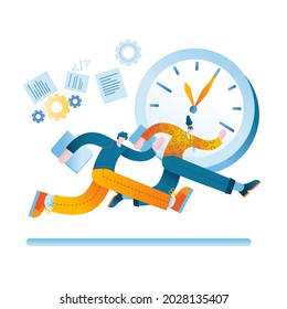 A man and a woman try to catch up with the clock. Concept of a vector illustration on the topic of time management.