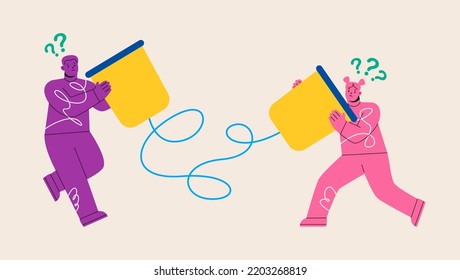 Man and woman trying to communicate with old technology. Miscommunication, tin can communication concept. Colorful vector illustration
