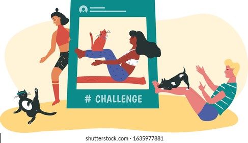 Man And Woman Trying To Repeat Fitness Challenge With Their Pets. Yoga And Pilates Influencer Trainer.