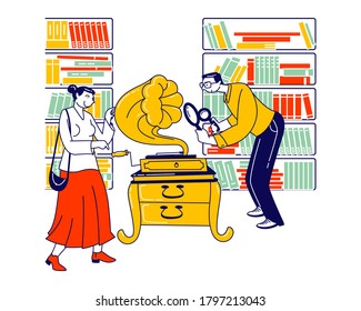 Man Or Woman Trying Vintage Antiquity Gramophone Before Purchase. Male Or Female Characters Visiting Antique Music Store For Buying Antiquities, Old Fashioned Things. Linear People Vector Illustration