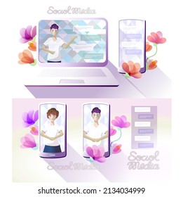 A man and a woman in a T-shirt talking on a computer and smartphone surrounded by flowers, social media, or making video calls. "Social Media" and "Social Media" style letters like toothpaste tubes