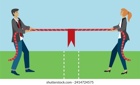 Man and woman in tug of war. Rope with flag between them. Dimension 16:9. Vector illustration.