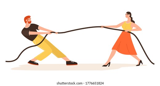 Man and woman tug-of-war and clarifying their relationships. Misunderstanding in family, divorce concept. Crisis in a relationship, break up. Vector Illustration in flat style.  