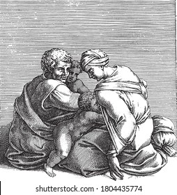 Man and Woman with Two Children, Adamo Scultori, after Michelangelo, 1585, vintage engraving.