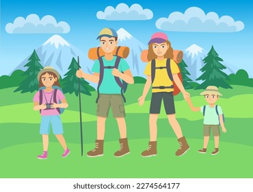 Hombre, mujer y dos niños haciendo senderismo en el paisaje montañoso al aire libre. Ilustración vectorial de dibujos animados, actividad de fin de semana familiar.