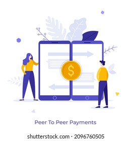 Man, woman, two smartphones and golden dollar coin. Concept of peer-to-peer payment, transfer of funds between banking accounts via mobile app. Modern flat vector illustration for banner, poster.