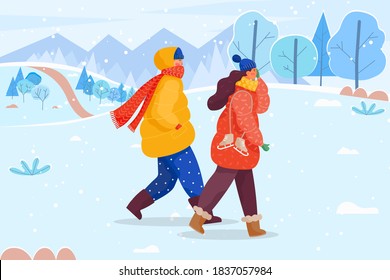 Man and woman or two women in warm clothes walking together. Friends stroll in lawn or forest. People dressed in hat and scarf, overcoat and boots. Lady carry skate footwear. Vector illustration