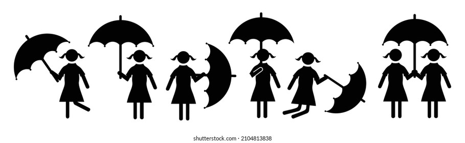  man and woman with umbrella icon set, Male and female under the rain in different poses