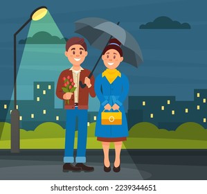 Man and Woman with Umbrella Walking Outdoor in Autumn Enjoying Rainy Weather Vector Illustration