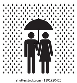 Man and woman under the rain. Man holding umbrella. Love and care concept. Relationship. Family. Black and white vector illustration.