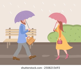 Hombre y mujer bajo la lluvia con paraguas, transeúntes. Ilustración vectorial para estampado, fondos y embalaje. La Imagen se puede utilizar para tarjetas de felicitación y carteles. Aislado sobre fondo blanco.