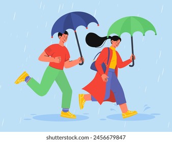 Mann und Frau unter Regen. Junger Mann und Mädchen mit Regenschirmen gehen in nassem und regnerischem Wetter. Menschen im Freien in der Herbst- und Herbstsaison. Cartoon flache Vektorillustration isoliert auf blauem Hintergrund