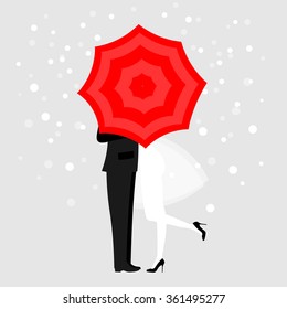 Man and a woman under red umbrella