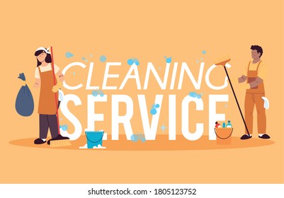 man and woman with uniform for cleaning service vector illustartion desing