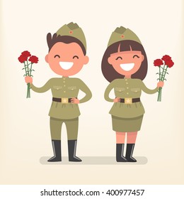 Man and woman in uniform of the Great Patriotic War.Warriors with flowers. Vector illustration