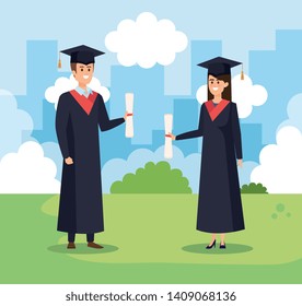 man and woman university graduation with rope and cap