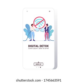 man woman unplugging wireless network digital detox rest from devices concept people abandoning internet smartphone screen mobile app full length copy space vector illustration