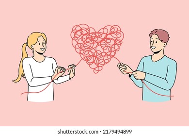 Man and woman untangle heart solve relationship problem. Couple find solution to relation trouble. Dating and feelings. Vector illustration. 