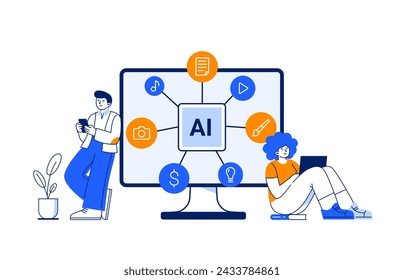 Un hombre y una mujer usan aplicaciones de inteligencia artificial. Servicios de IA para el trabajo, el estudio, la creatividad y la productividad. Ilustración plana vectorial aislada sobre un fondo blanco.