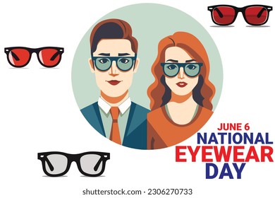 man and woman use eyewear with bold text isolated white background to celebrate national eyewear day on june 6. vector eps