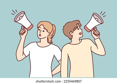 Man and woman use loudspeaker to invite everyone to event or make important announcement. Guy and girl are shouting loudly turning in different directions trying to spread word. Flat vector design 