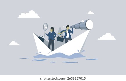 Man and woman use monocular and magnifying glass. looking for job. hire employee.