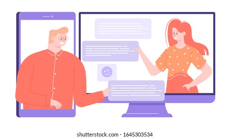 A man and a woman use an online messenger to communicate, meeting, discuss business. Cross-platform mobile and web service. Bright colorful vector flat illustration.