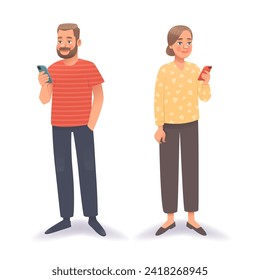 A man and a woman use smartphones. Vector illustration in cartoon style