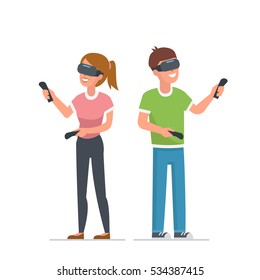 Man and woman  use virtual reality glasses with controllers. Vector illustration.