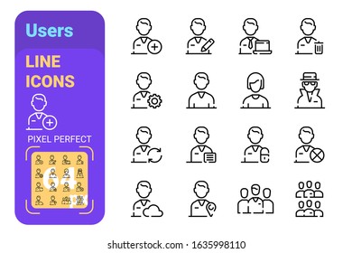 Man and woman users avatars line icons set vector illustration. Premium quality symbols and perfect pixel flat style design. Technology concept. Isolated on white