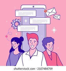 Man and woman uses messenger on mobile phone. Social media on mobile concept. People connecting all over the world. Smart technology. Flat style minimal vector outline illustration.