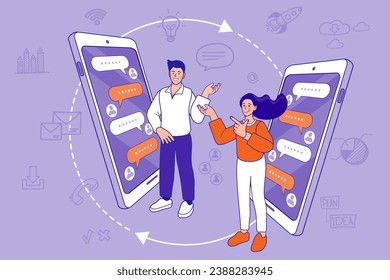 Man and woman uses messenger on mobile phone. Social media marketing concept. Social network promotion. Online Connection. video conferencing. video call meeting. Vector outline illustration.