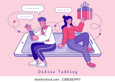 Man and woman uses messenger on mobile phone. Social media marketing concept. Social network promotion. Online Connection. video conferencing. video call meeting. Vector outline illustration.