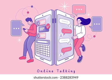 Man and woman uses messenger on mobile phone. Social media marketing concept. Social network promotion. Online Connection. video conferencing. video call meeting. Vector outline illustration.