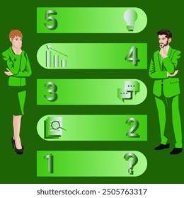 Man and woman using 5 steps to identify problems or opportunities in the decision making process. Business concept. Flat vector illustration.
