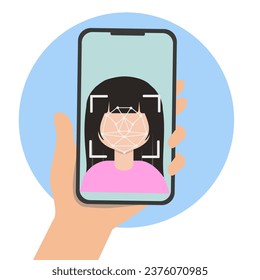 El hombre o la mujer que usa la identificación biométrica se enfrentan a reconocimiento con el teléfono móvil. concepto de KYC de ciberseguridad.