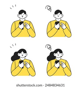 Hombre y mujer usando un teléfono celular Conjunto de dos ilustraciones de expresiones faciales positivas y negativas