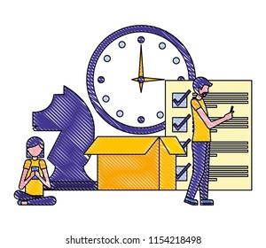 man and woman using cellphone with clock report chess piece and box business