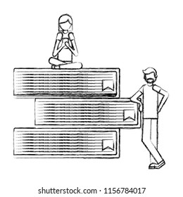 man and woman using cellphone with stack books hand drawing