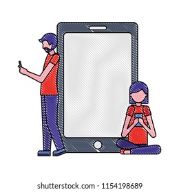man and woman using cellphones devices smartphone