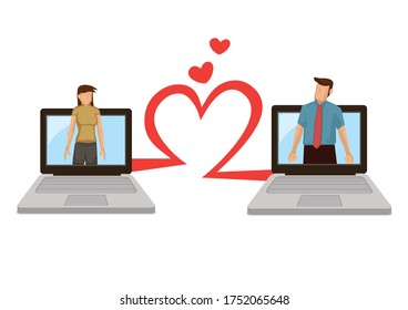 Man and woman using computer to connect for love. Concept of online love or dating. Vector illustration.