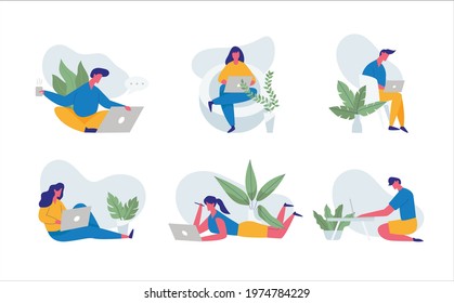 Man and woman using computer laptop online meeting and working from home concept. vector illustration flat design