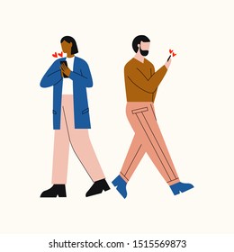 Man And Woman Using Dating App On Their Smartphones. Small Hearts Near Smartphone. Happy Man Found Someone In Dating App. Online App Or Relationship Concept. Flat Vector Illustration