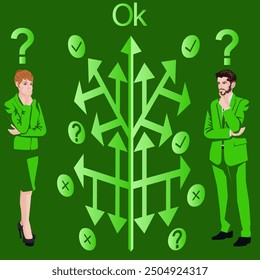 Man and woman using decision tree to identify problems or opportunities in the decision making process. Business concept. Flat vector illustration.