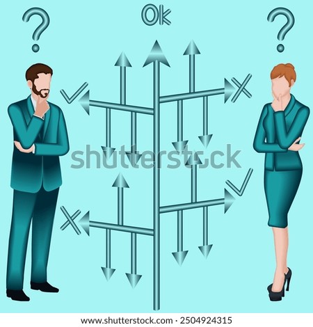 Man and woman using decision tree to identify problems or opportunities in the decision making process. Business concept. 2D vector illustration.